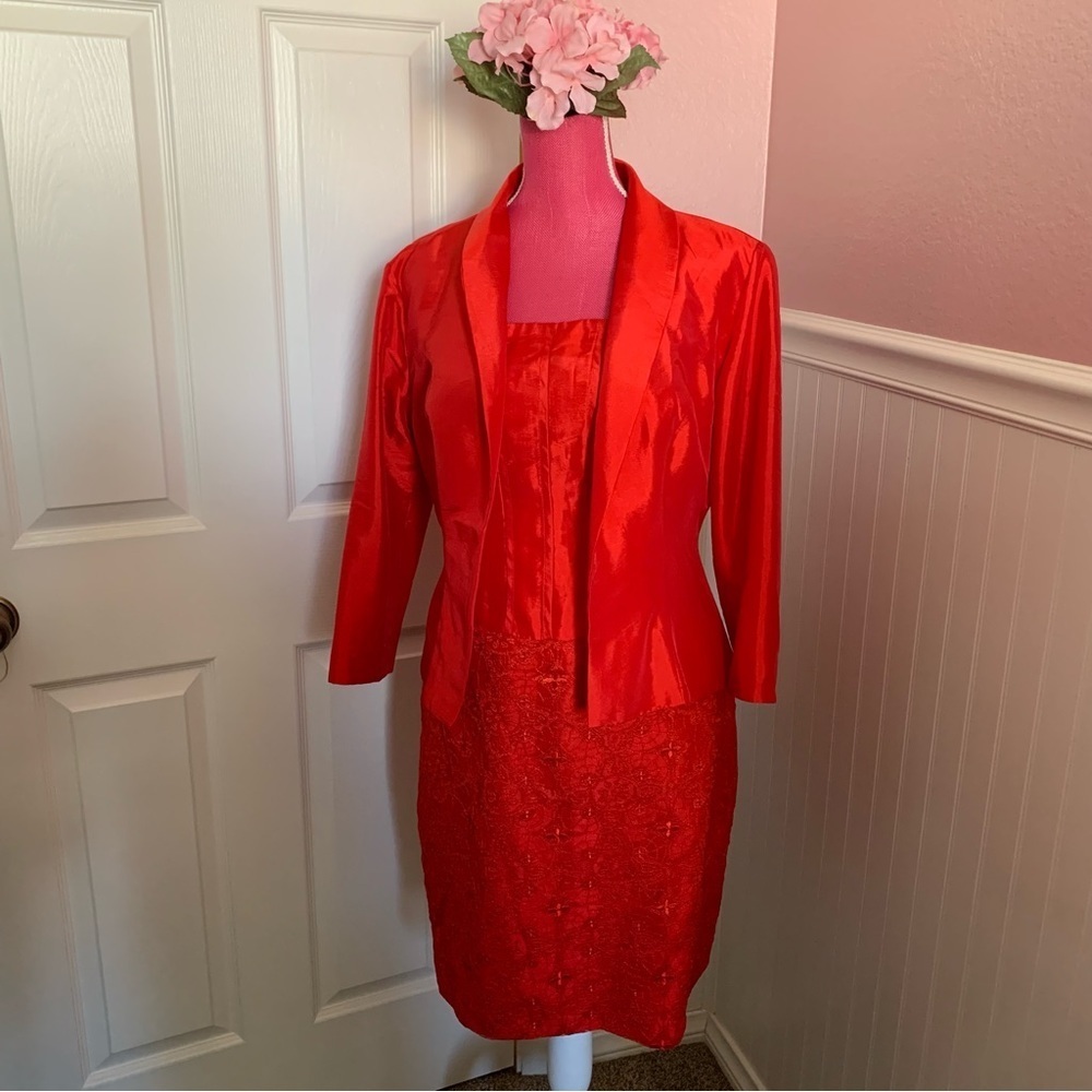 Two Piece Poly Taffeta Strapless Dress with Blazer, size 12, Red, new with tags